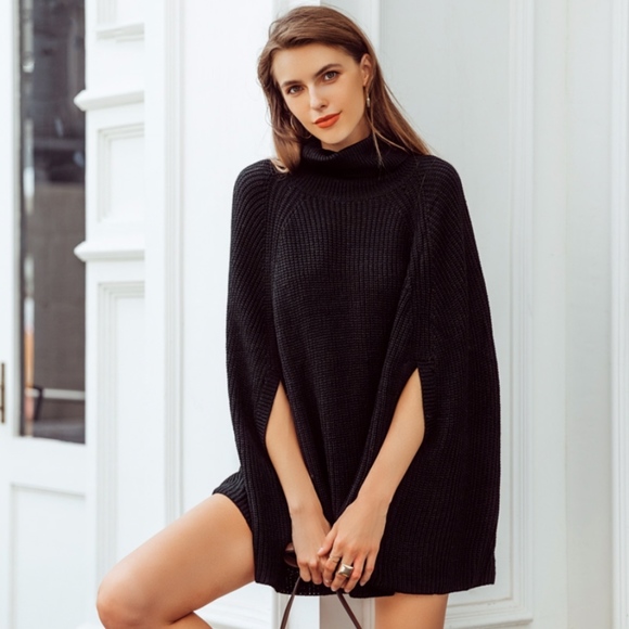 Black Knit Turtleneck Poncho Cloak Sleeveless Sweater - Picture 8 of 15